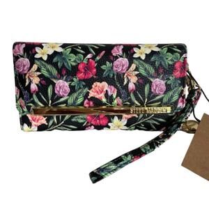 Brand New Steve Madden Black Multi Flowers Tri-Fold Met. Gold Liner Wallet